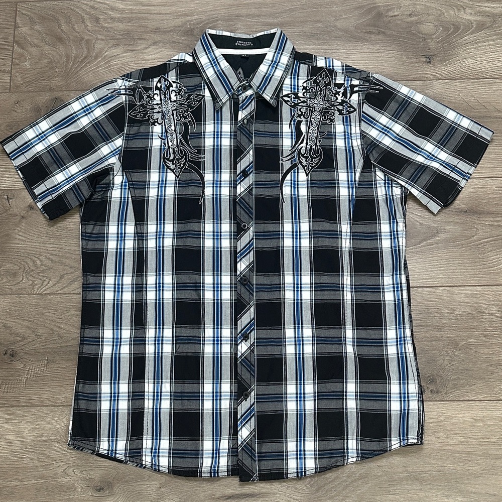 ROAR Embroidered Plaid Button Front Short Sleeve Shirt‎ Western Black White XL